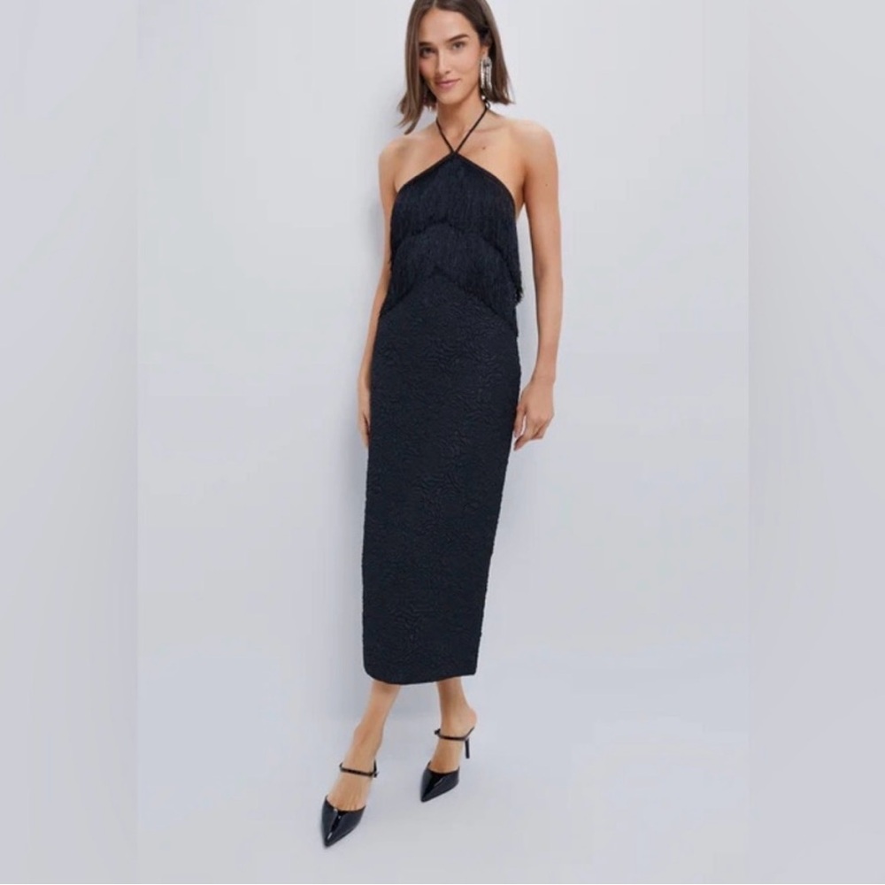 Tuckernuck Hyacinth House Black Fringe Halter Midi Dress